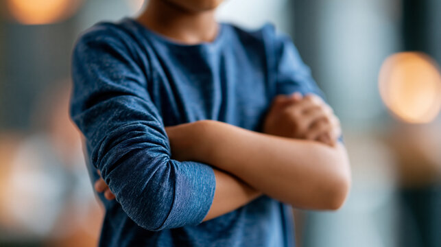 Boy crossing arms with a firm disapproving expression saying no, child assertiveness and behavioral concept, faceless, face not clearly visible, defocused background, with copy
