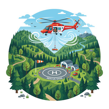 Rescue helicopter in forest landscape scene.