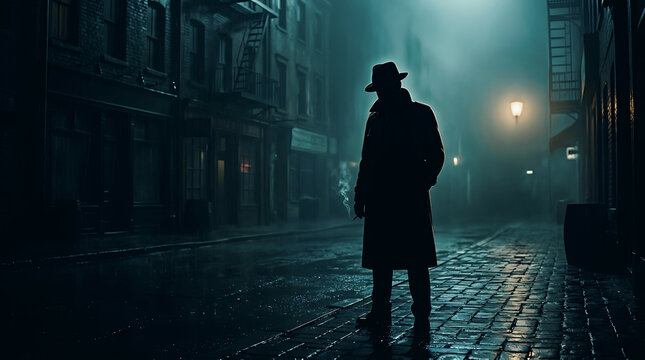 Silhouette of a man in a trench coat and hat standing on a dark cobblestone street at night with mysterious green fog