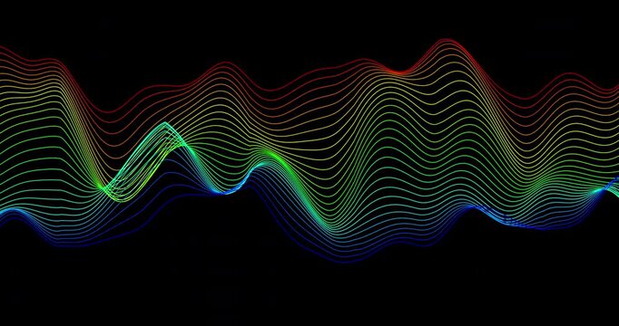 A vibrant looping video background features smooth rainbow colored sine waves flowing seamlessly. An array of glowing algorithmic lines offers a sleek geometric texture for corporate displays.