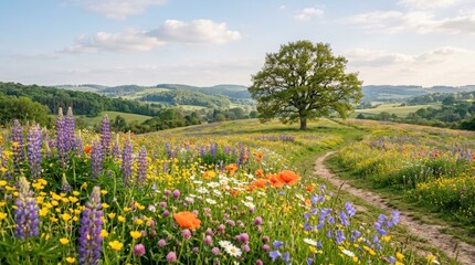 Fototapeta premium Meadow with colorful wildflowers and a path leading to a solitary tree on a hill. Spring landscape with lupine and poppy flowers. Beautiful nature scenery for travel background.