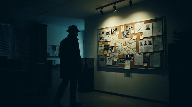 Silhouette of a detective wearing a hat looking at a crime investigation board with photos and evidence in a dark room