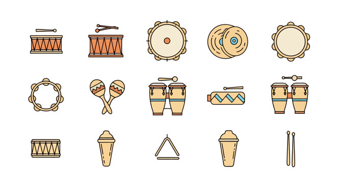 A vibrant collection of flat-design icons showcasing various percussion instruments, including drums, tambourines, maracas, congas, cymbals, and shakers.