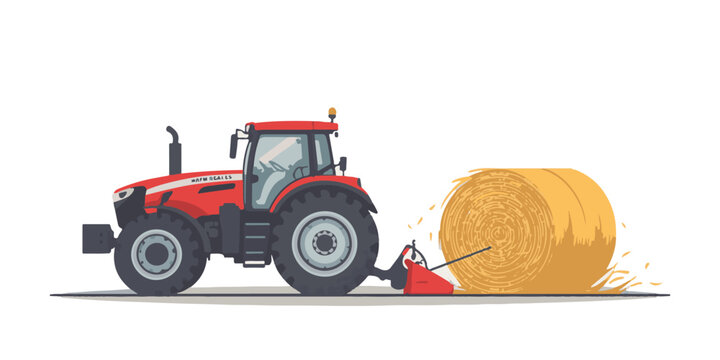 Red farm tractor working with round hay bale in wheat field, vector illustration.