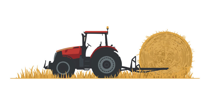 Red farm tractor working with round hay bale in wheat field, vector illustration.