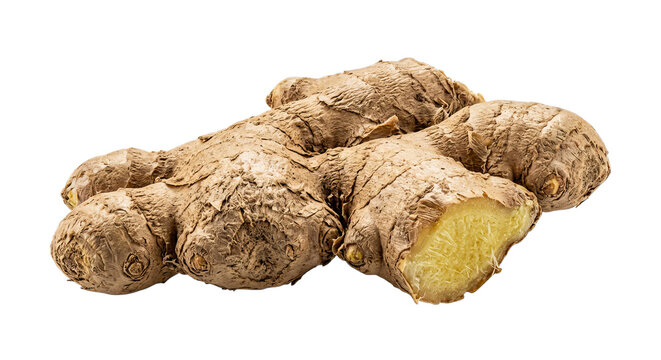 Whole fresh ginger root with a cut revealing its fibrous yellow interior on a white background