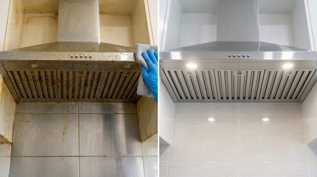 Kitchen exhaust hood before and after deep cleaning process  