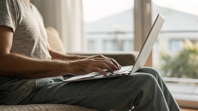 Side angle of a person working on a laptop at home, only torso and hands visible, wearing casual indoor clothes