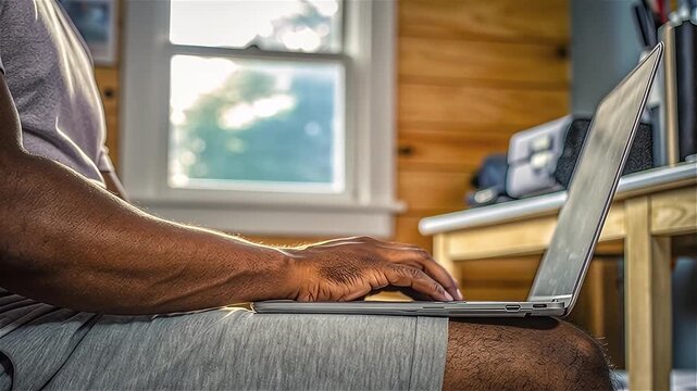 Side angle of a person working on a laptop at home, only torso and hands visible, wearing casual indoor clothes