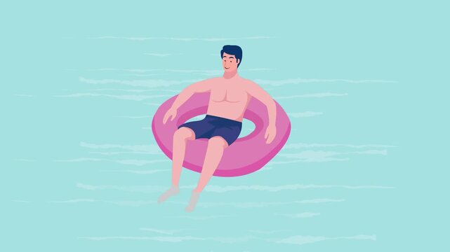 Young Man Relaxing on Pink Inflatable Pool Tube Floating in Water on a Sunny Summer Day