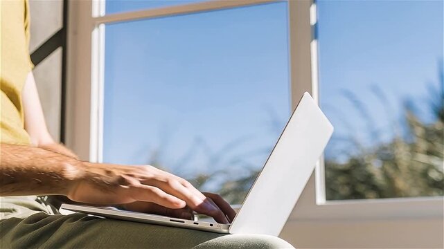 Side angle of a person working on a laptop at home, only torso and hands visible, wearing casual indoor clothes