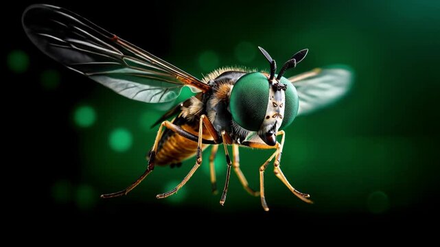 Detailed macro shot of an insect with large green compound eyes and transparent wings flying