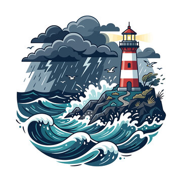 Lighthouse standing strong against stormy sea.