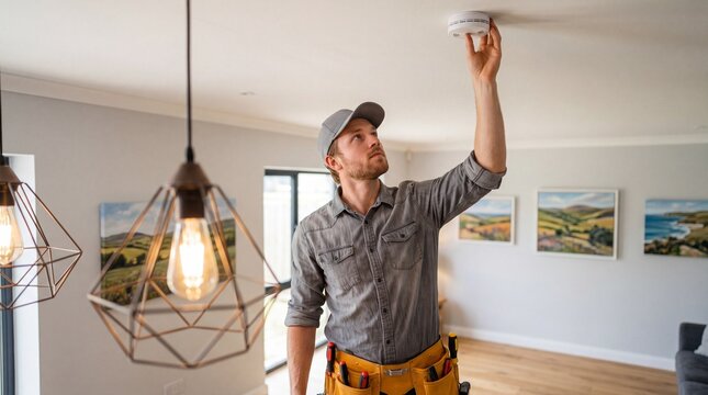 Man installs smoke detector in home while standing under hanging lights during daytime