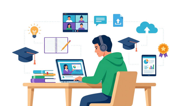 Modern Online Learning Workspace Vector Illustration for Distance Education
