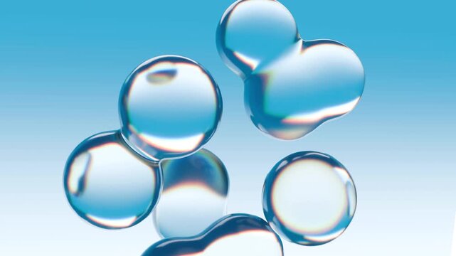 Water droplets in the air on a blue background, transparent water drops as natural wallpaper, 3D seamless computer graphic animation.