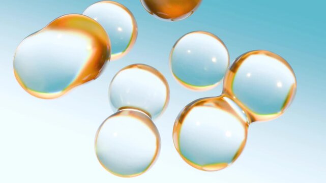Water droplets in the air on a blue background, transparent water drops as natural wallpaper, 3D seamless computer graphic animation.