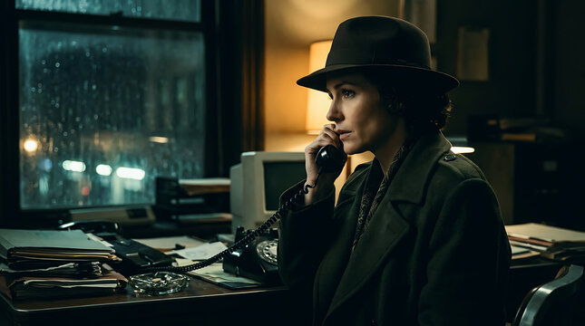 Man in a fedora hat talking on a vintage telephone in a dark office at night