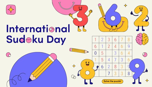 International Sudoku Day, puzzle and brain teaser, educational vector graphics, colorful cartoon characters