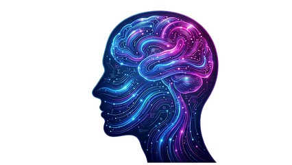 Obraz premium Abstract intelligence concept showing human silhouette profile with flowing colorful data streams inside head, solid white background, studio lighting, clean vector illustration style but photorealist