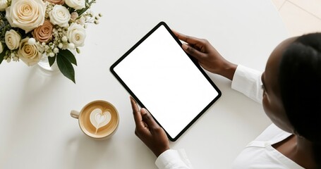 Obraz premium Woman Holding Tablet with Coffee and Flowers for Digital Marketing