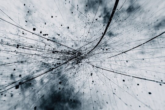 Abstract particle collision visualization, depicting subatomic interactions with streaks and points of light against a monochromatic background.