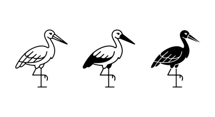 Fototapeta premium Stork Vector Icons Set, Elegant Bird Illustrations in Outline, Silhouette, and Filled Styles, Wildlife Graphics for Nature and Ornithology Projects