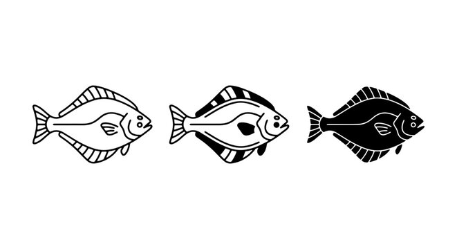 Flatfish Vector Icons Set: Flounder, Sole, Halibut Illustrations, Seafood & Marine Life Graphics
