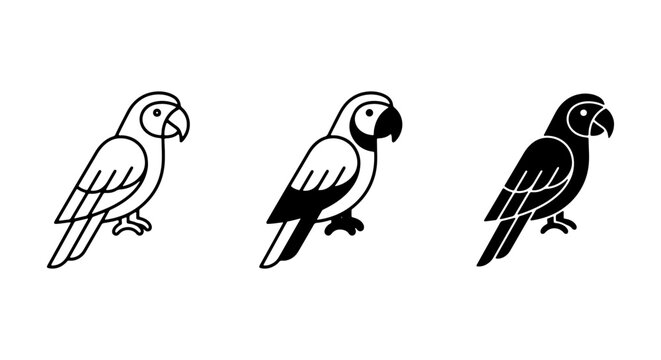 Three Parrot Icons: Line Art, Silhouette, and Filled Vector Graphics for Avian Themes