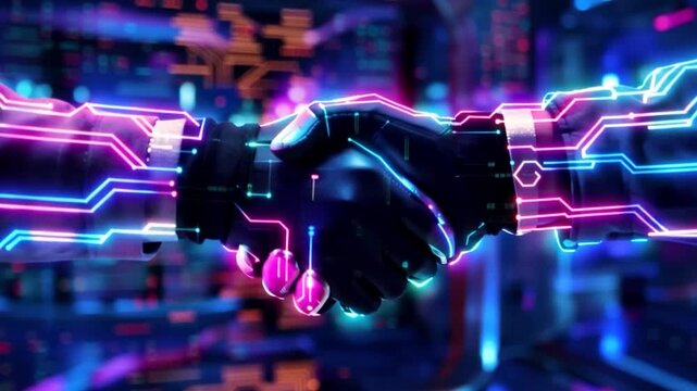 Neon Circuit Arms Connecting Handshake In Server Room, Robotic Limbs And Illuminated Traces Of Circuitry Against Racks Of Hardware, Industrial Tech Partnership Atmosphere