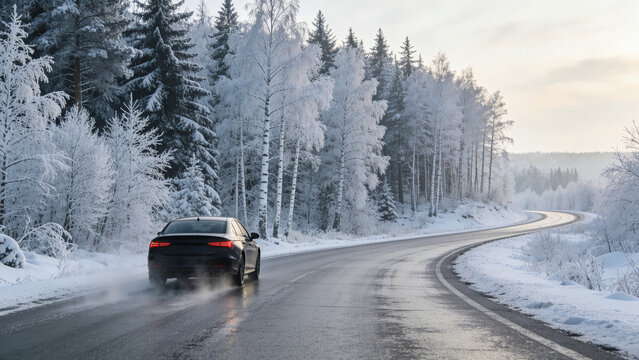 Winter road trip on a snowy highway with a car driving through icy trees and bright sky in the background
