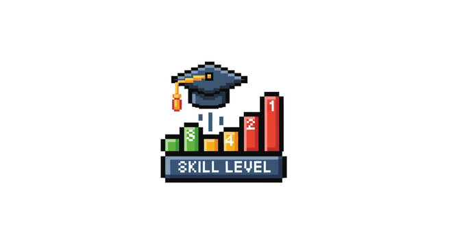 Pixel Art Skill Level Bar Graph with Graduation Cap Icon.
