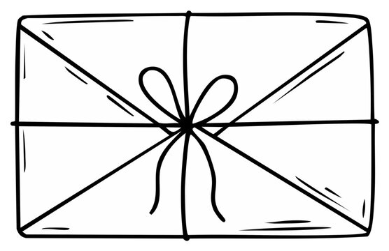 Wrapped package with bow, illustration in black and white, gift parcel.