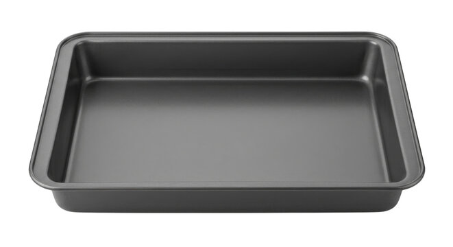Empty dark grey baking tray with rounded corners on a white background