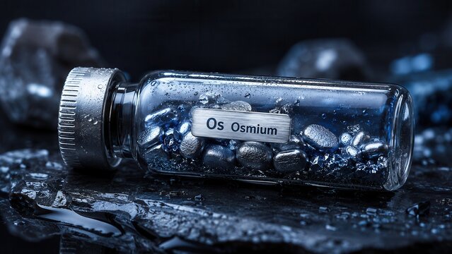 Small glass vial contains osmium metal pieces resting on dark wet rock with water droplets around, highlighting the properties of this dense element in a laboratory setting