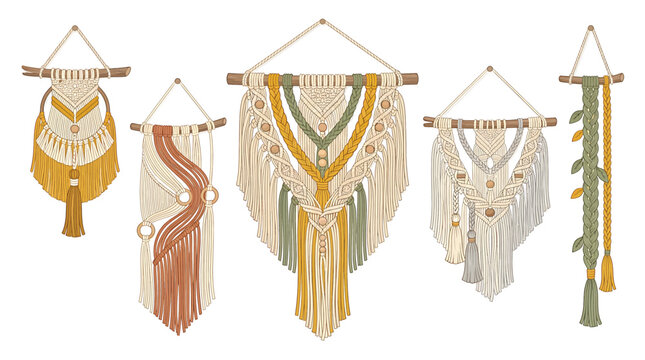 Macrame wall hangings in various designs.