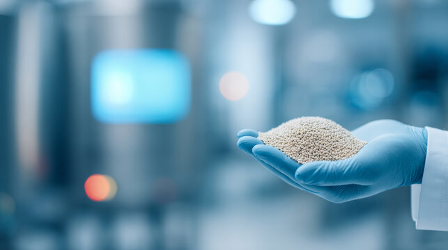 Hand holding white granules in laboratory