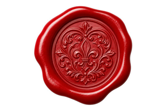 Red wax seal with ornate fleur-de-lis emblem for official document authentication