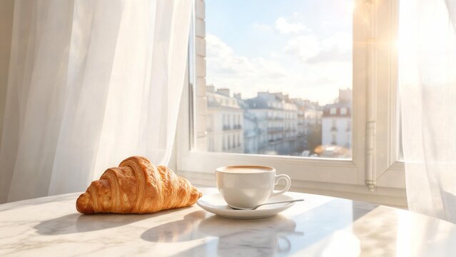 Enjoy a fresh baked croissant with a cup of coffee on a bright sunny morning by the window
