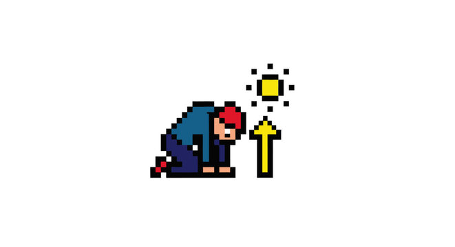 Pixelated Person Reaching for Bright Sun Symbol.