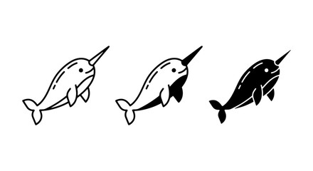 Cute Narwhal Icons Set, Whimsical Marine Mammal Vector Graphics, Simple Arctic Whale Illustrations for Kids and Ocean Themes © Jashim