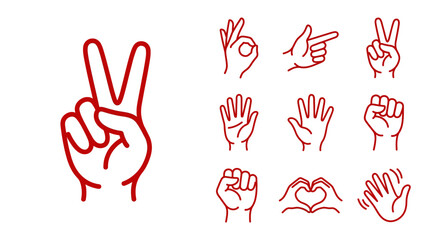 Fototapeta premium Hand gestures icon set, outline line art of peace sign, okay, fist, pointing finger, heart hands, waving and victory gesture symbols