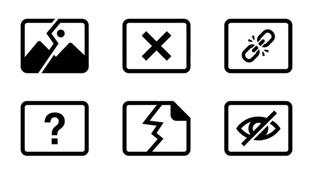 Title
Corrupt file and broken link icons, website error symbols set with missing image placeholder, delete page, question mark and hidden eye vector line art