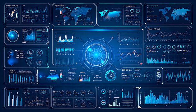 futuristic digital dashboard with glowing charts, world maps, and data visualization elements, ui interface concept