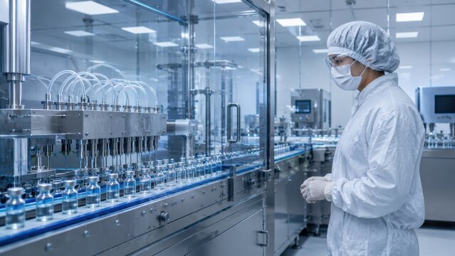 Scientist watches the filling of vaccine vials in a clean room environment at a pharmaceutical facility during a daytime operation