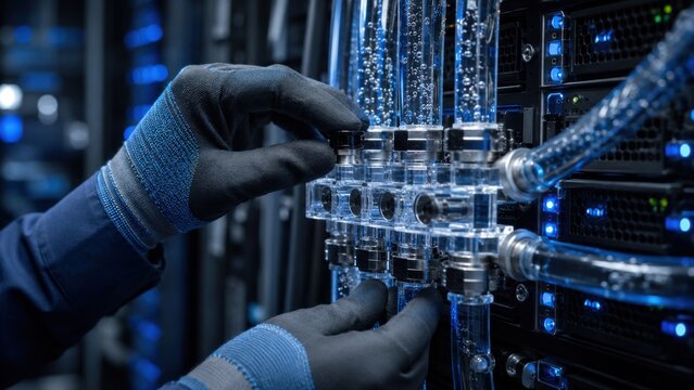 Technician works on server cooling system in data center during evening hours to ensure proper operation of hardware and maintain system efficiency with water cooling setup