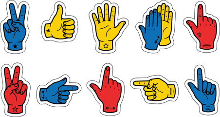 Fototapeta premium Colorful hand gesture stickers set, 10 vector hand icons with thumbs up and peace signs, primary color finger pointers