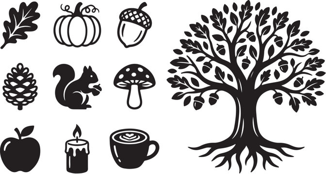 Autumn icons and tree silhouette on white background