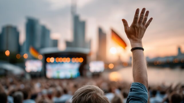 Man raising hand at crowded outdoor music concert during sunset with German flag and city skyline background landscape