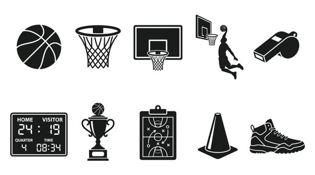 Flat silhouette vector icon set of basketball elements  basketball ball  hoop ring  backboard  player dunking  referee whistle  scoreboard  championship trophy  coaching clipboard  training cone 